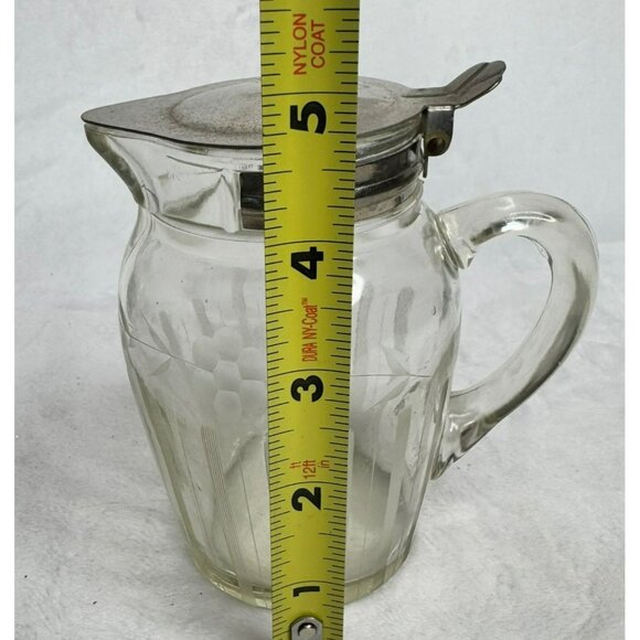 VTG Glass Syrup Pitcher With Metal Lid Etched Floral Design Marked E & JB 1916 - Picture 10 of 13